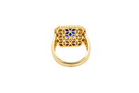 14KT Gold Women's Ring Navy Blue Square Center CZ Stone Double Platform Border of Round White CZ Stones Mock Link Border Plain Band