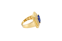 14KT Gold Women's Ring Navy Blue Square Center CZ Stone Double Platform Border of Round White CZ Stones Mock Link Border Plain Band