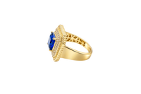 14KT Gold Women's Ring Navy Blue Square Center CZ Stone Double Platform Border of Round White CZ Stones Mock Link Border Plain Band