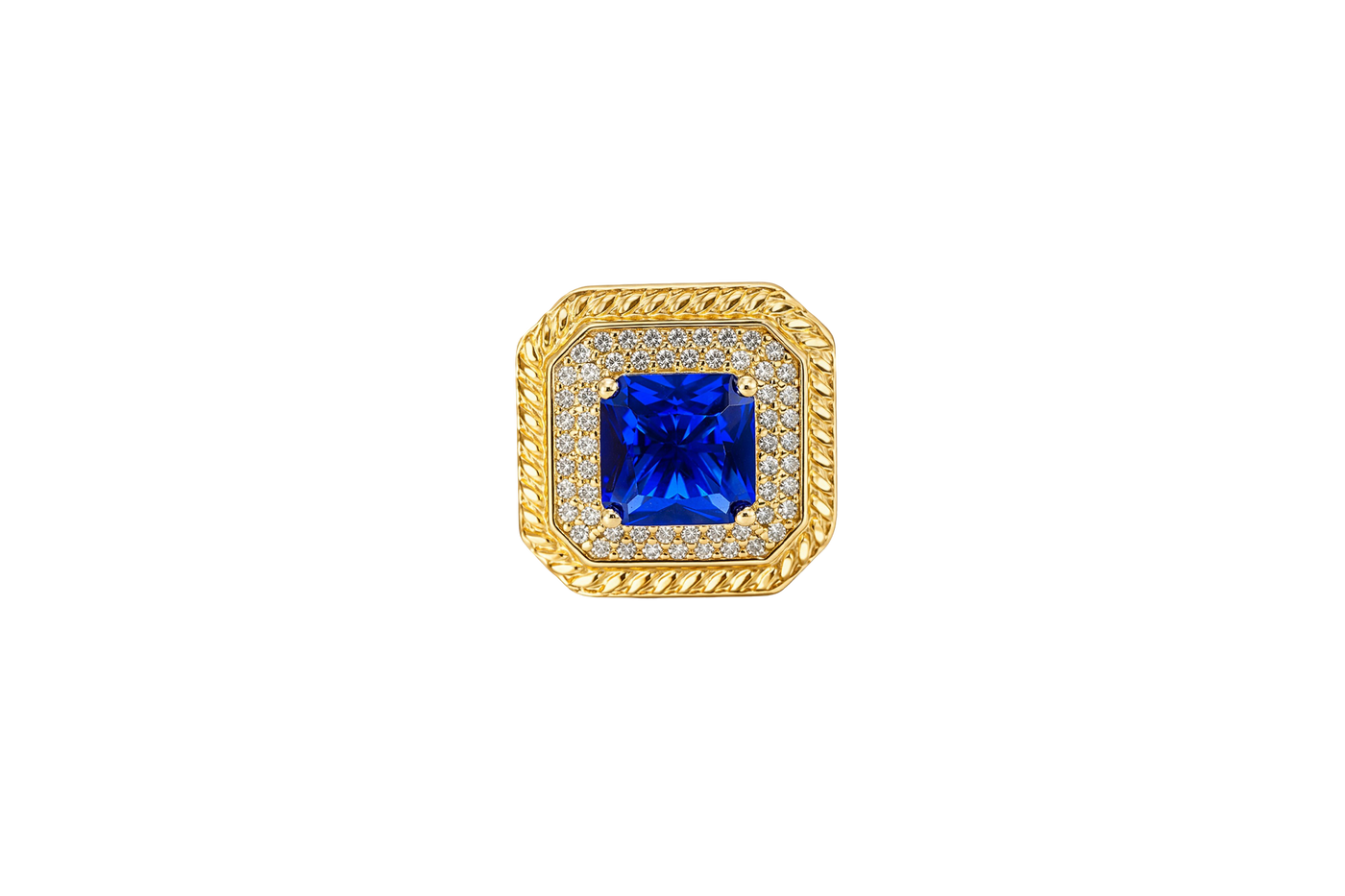 14KT Gold Women's Ring Navy Blue Square Center CZ Stone Double Platform Border of Round White CZ Stones Mock Link Border Plain Band