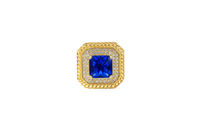 14KT Gold Women's Ring Navy Blue Square Center CZ Stone Double Platform Border of Round White CZ Stones Mock Link Border Plain Band