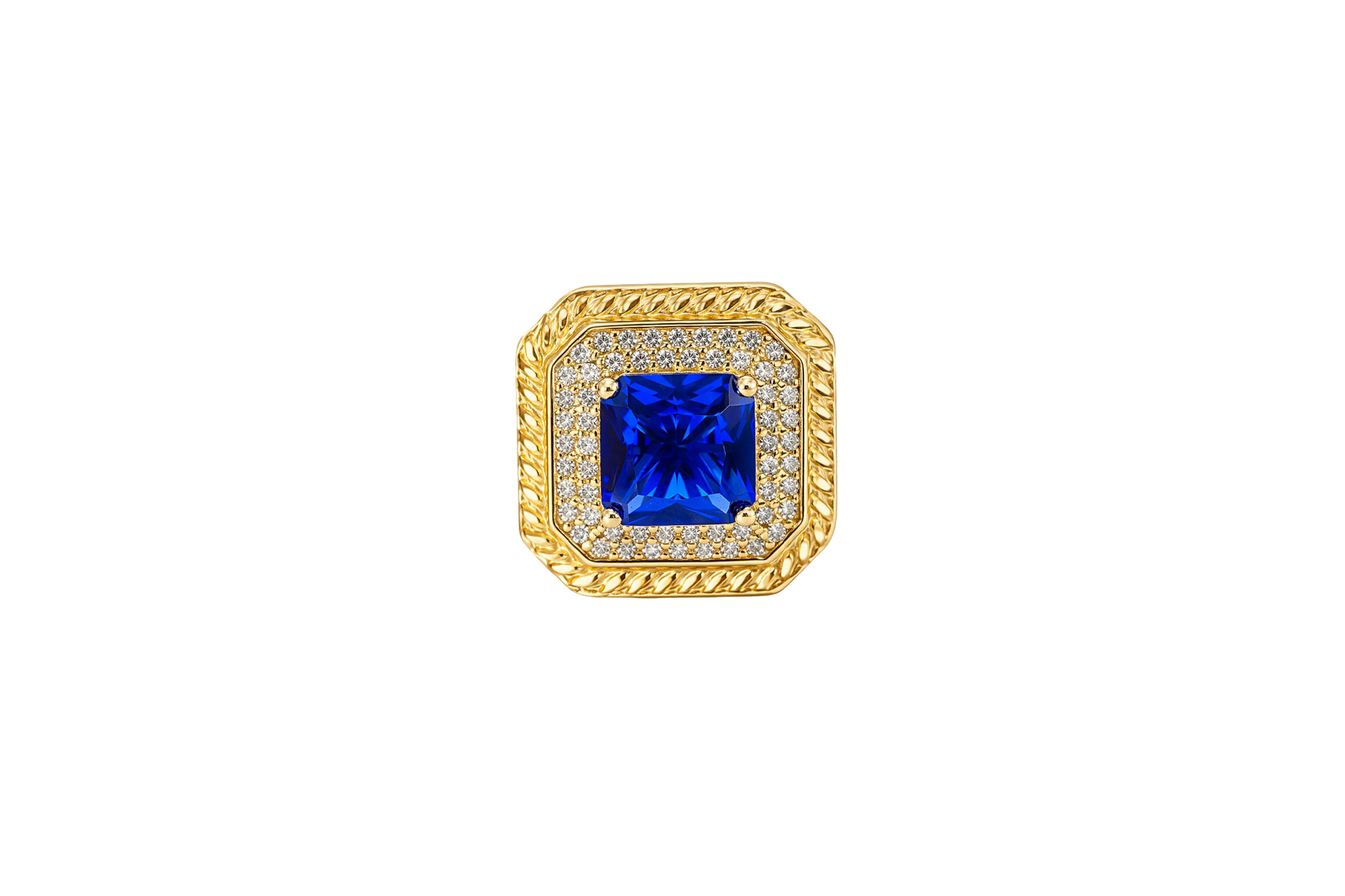14KT Gold Women's Ring Navy Blue Square Center CZ Stone Double Platform Border of Round White CZ Stones Mock Link Border Plain Band