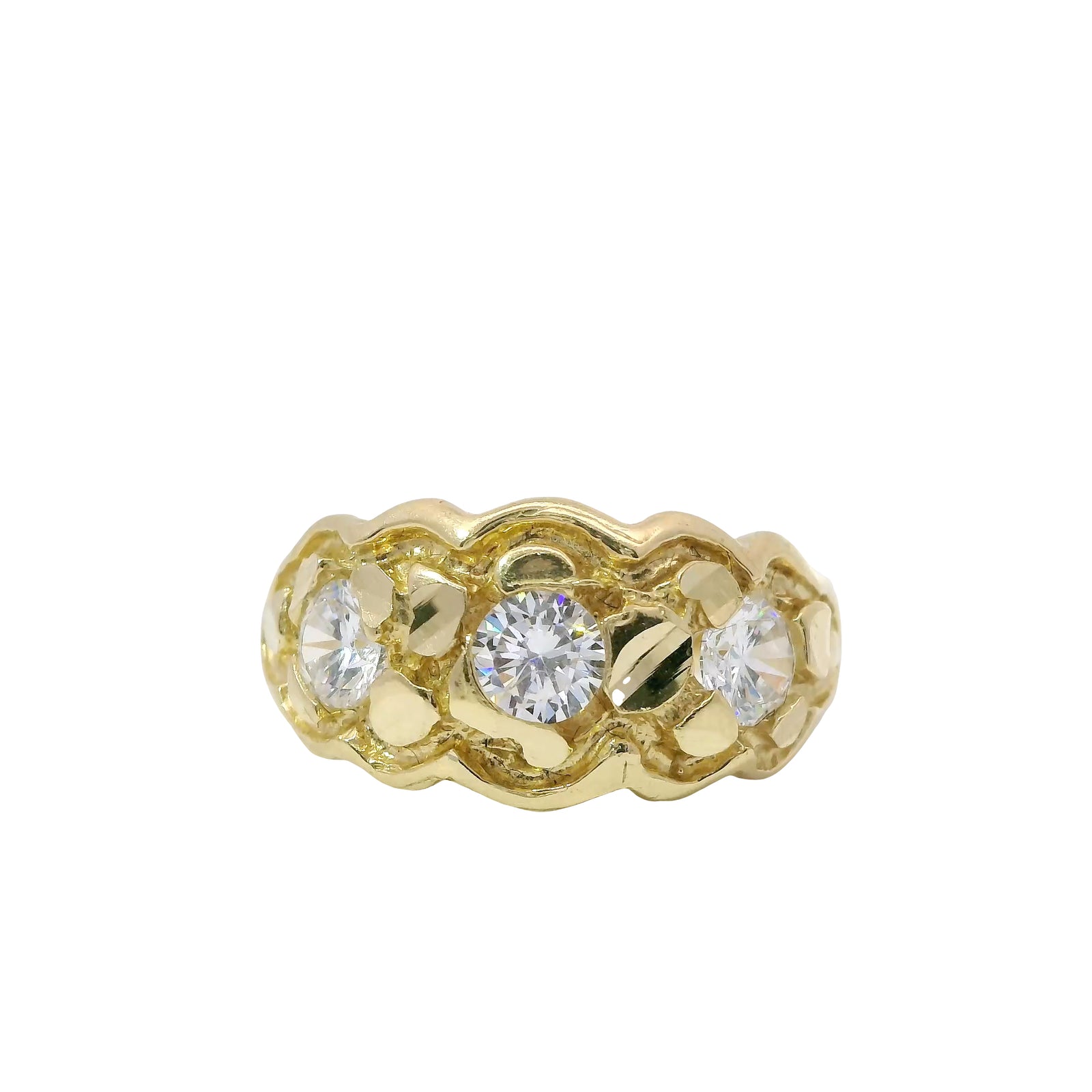 14KT Gold Ring Unisex Three White CZ Center Stones Scallop Edge Nugget Band