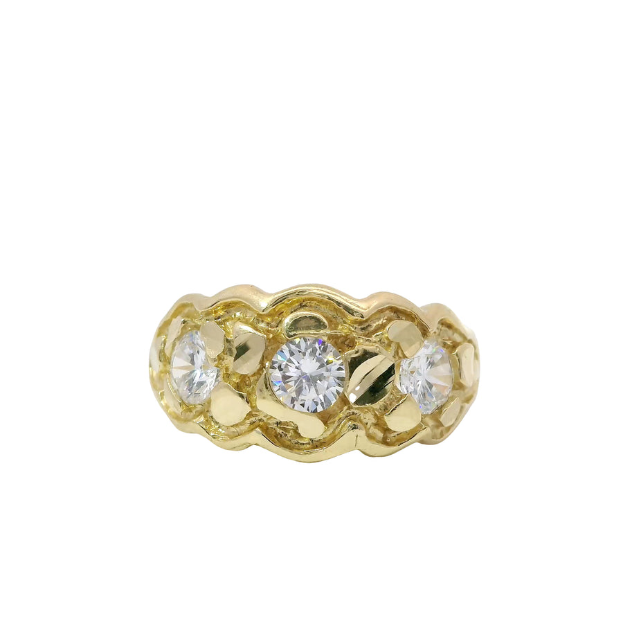 14KT Gold Ring Unisex Three White CZ Center Stones Scallop Edge Nugget Band