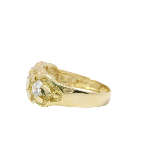 14KT Gold Ring Unisex Three White CZ Center Stones Scallop Edge Nugget Band