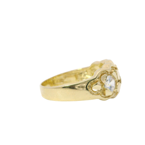 14KT Gold Ring Unisex Three White CZ Center Stones Scallop Edge Nugget Band