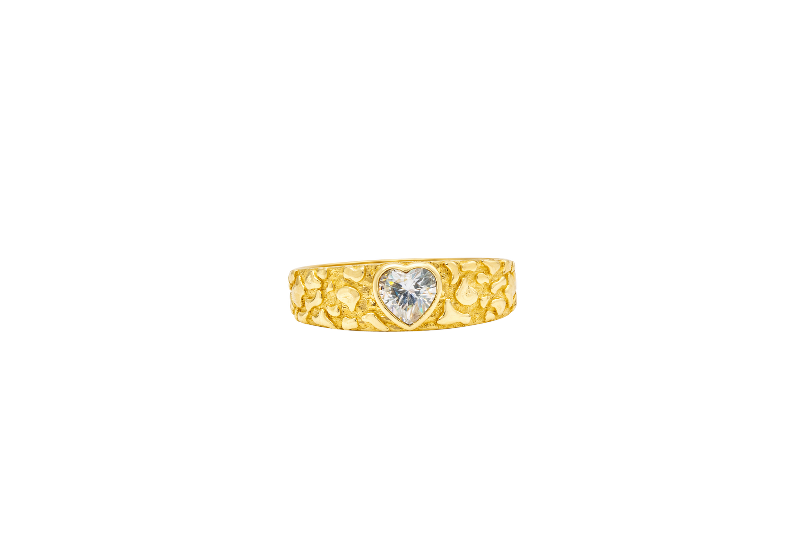 14KT Gold Ring Women's Nugget Band with Heart Shape White CZ Center Stone Plain Border and White CZ Stones on Edge of Band