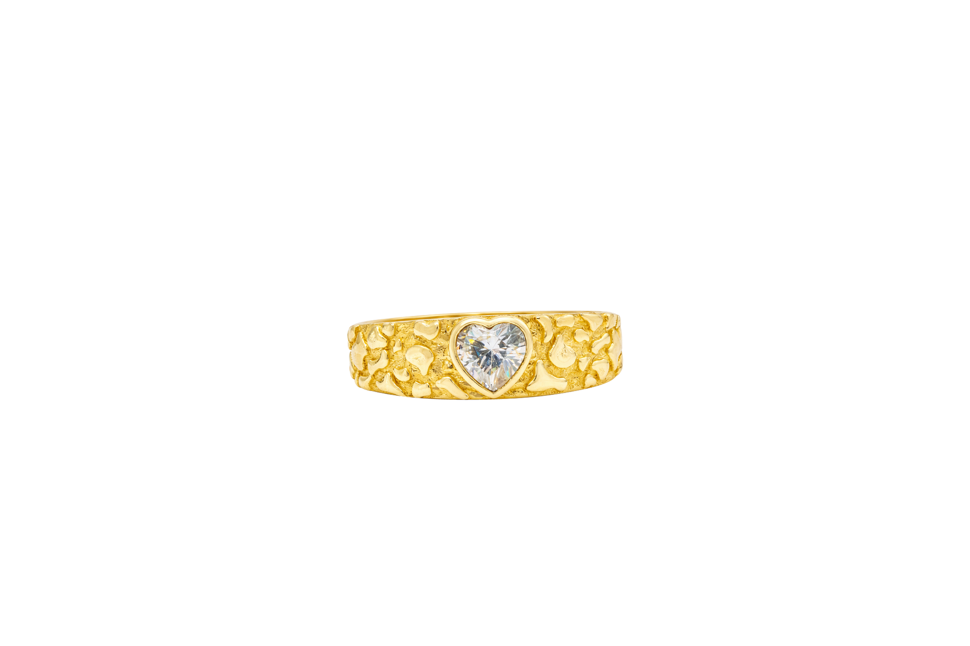 14KT Gold Ring Women's Nugget Band with Heart Shape White CZ Center Stone Plain Border and White CZ Stones on Edge of Band