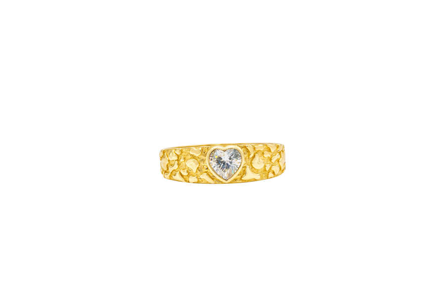 14KT Gold Ring Women's Nugget Band with Heart Shape White CZ Center Stone Plain Border and White CZ Stones on Edge of Band