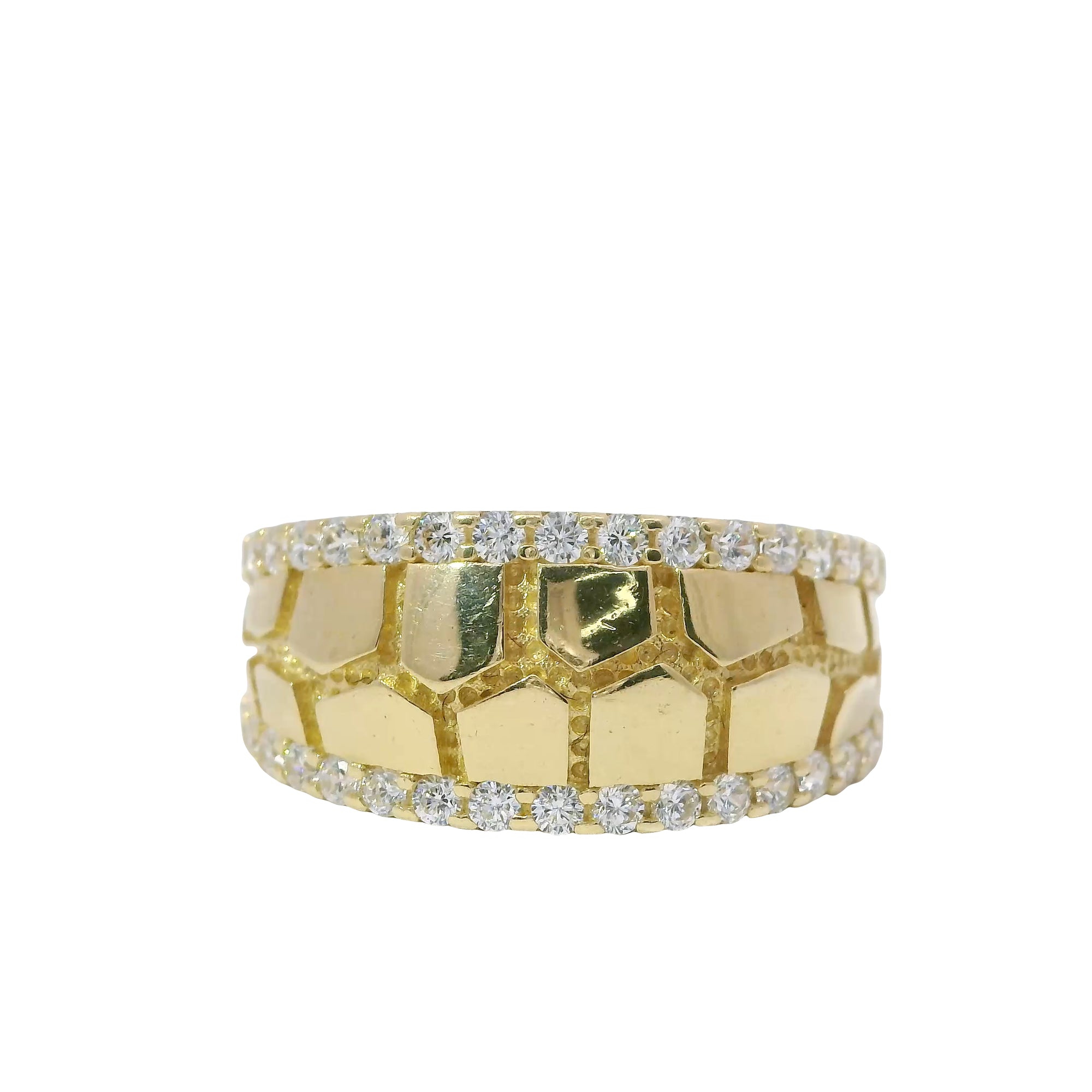 14KT Gold Ring Unisex Jumbo Nugget Band with White CZ Stone Border
