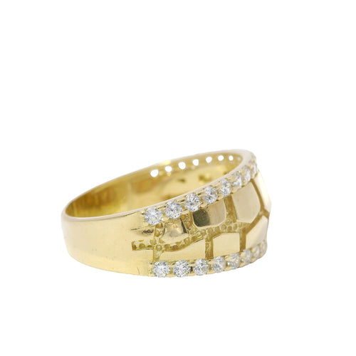 14KT Gold Ring Unisex Jumbo Nugget Band with White CZ Stone Border