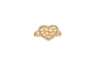 14KT Gold Ring Women's Nugget Puff Heart Center with White CZ Stones on Border and Split Band
