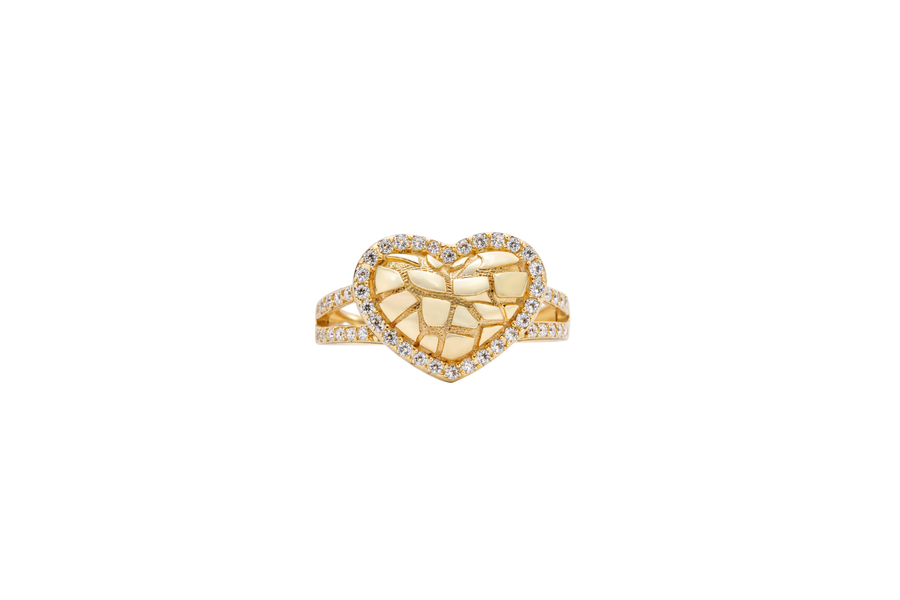 14KT Gold Ring Women's Nugget Puff Heart Center with White CZ Stones on Border and Split Band
