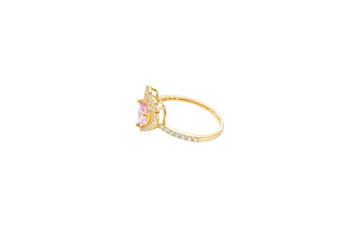 14KT Gold Ring Women's Open White CZ Heart Shape and Band with Smaller Pink Heart Shape CZ Center Stone