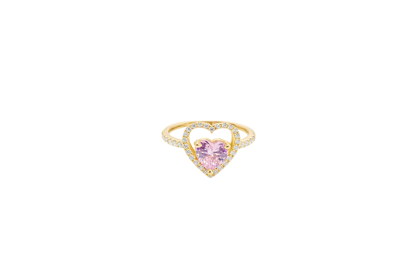 14KT Gold Ring Women's Open White CZ Heart Shape and Band with Smaller Pink Heart Shape CZ Center Stone