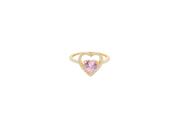 14KT Gold Ring Women's Open White CZ Heart Shape and Band with Smaller Pink Heart Shape CZ Center Stone