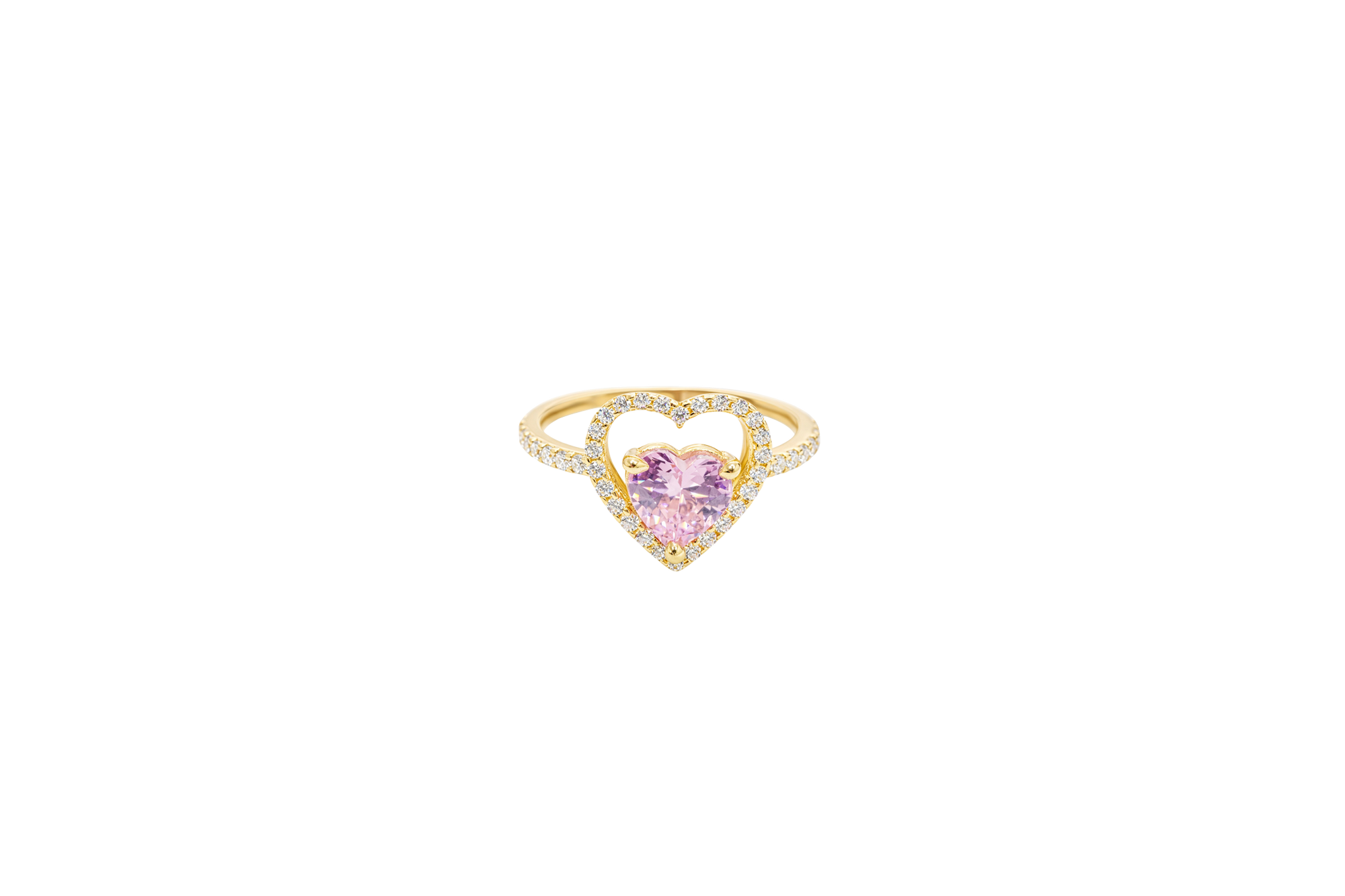 14KT Gold Ring Women's Open White CZ Heart Shape and Band with Smaller Pink Heart Shape CZ Center Stone