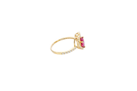 14KT Gold Ring Women's Open White CZ Heart Shape and Band with Smaller Red Heart Shape CZ Center Stone