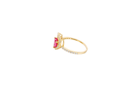 14KT Gold Ring Women's Open White CZ Heart Shape and Band with Smaller Red Heart Shape CZ Center Stone