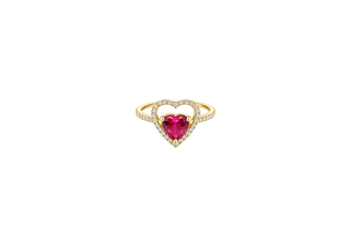 14KT Gold Ring Women's Open White CZ Heart Shape and Band with Smaller Red Heart Shape CZ Center Stone