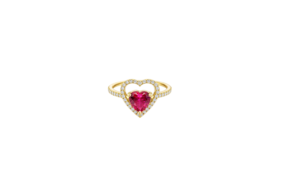 14KT Gold Ring Women's Open White CZ Heart Shape and Band with Smaller Red Heart Shape CZ Center Stone