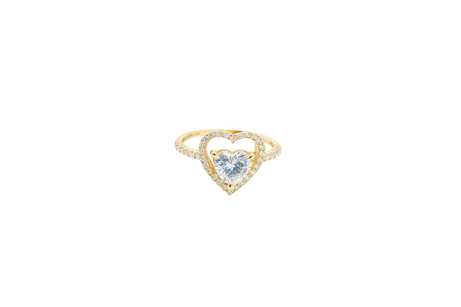 14KT Gold Ring Women's Open White CZ Heart Shape and Band with Smaller White Heart Shape CZ Center Stone