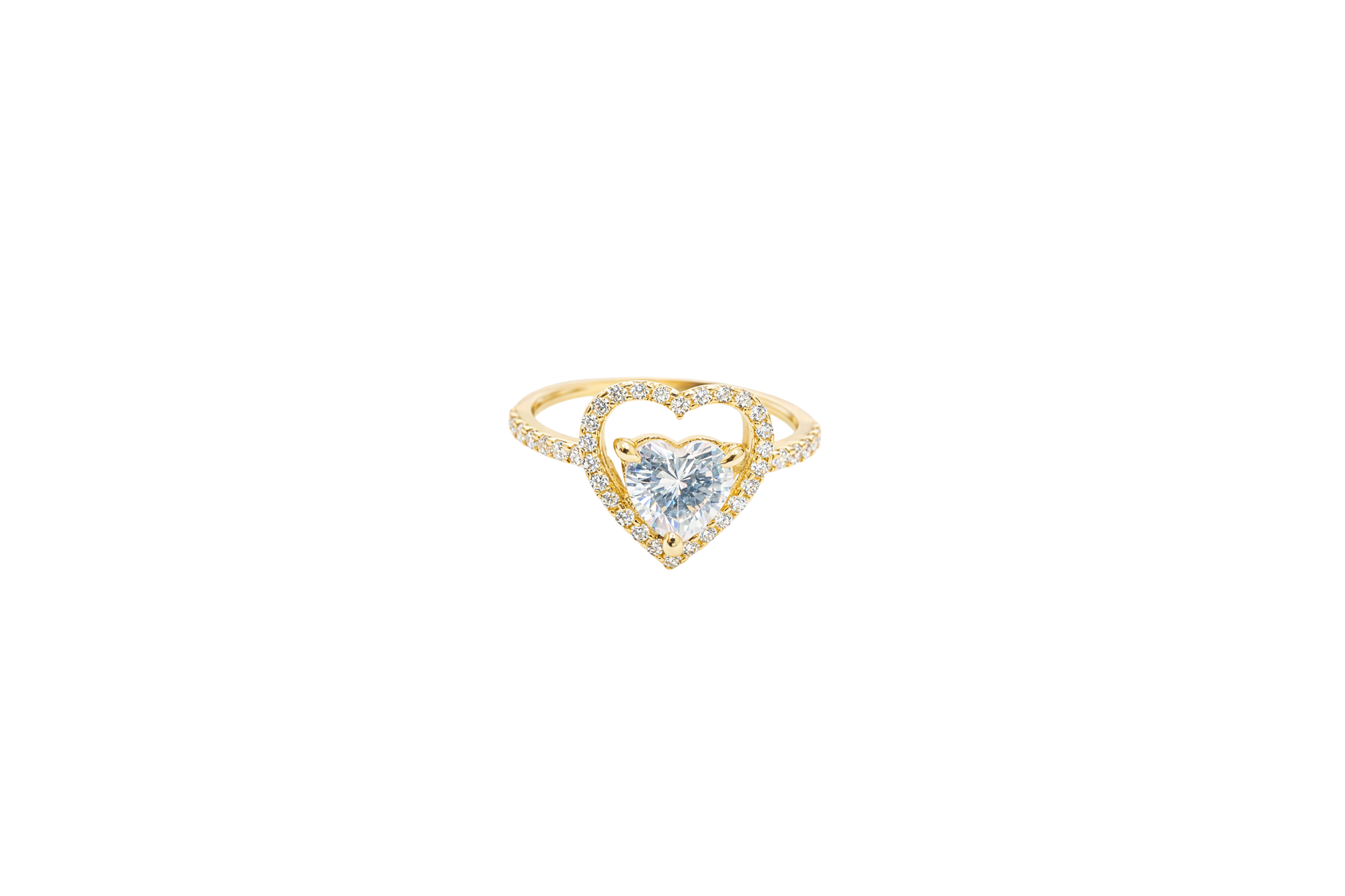 14KT Gold Ring Women's Open White CZ Heart Shape and Band with Smaller White Heart Shape CZ Center Stone