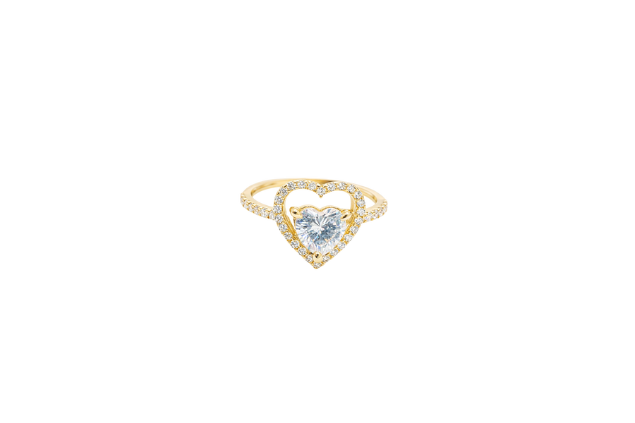 14KT Gold Ring Women's Open White CZ Heart Shape and Band with Smaller White Heart Shape CZ Center Stone
