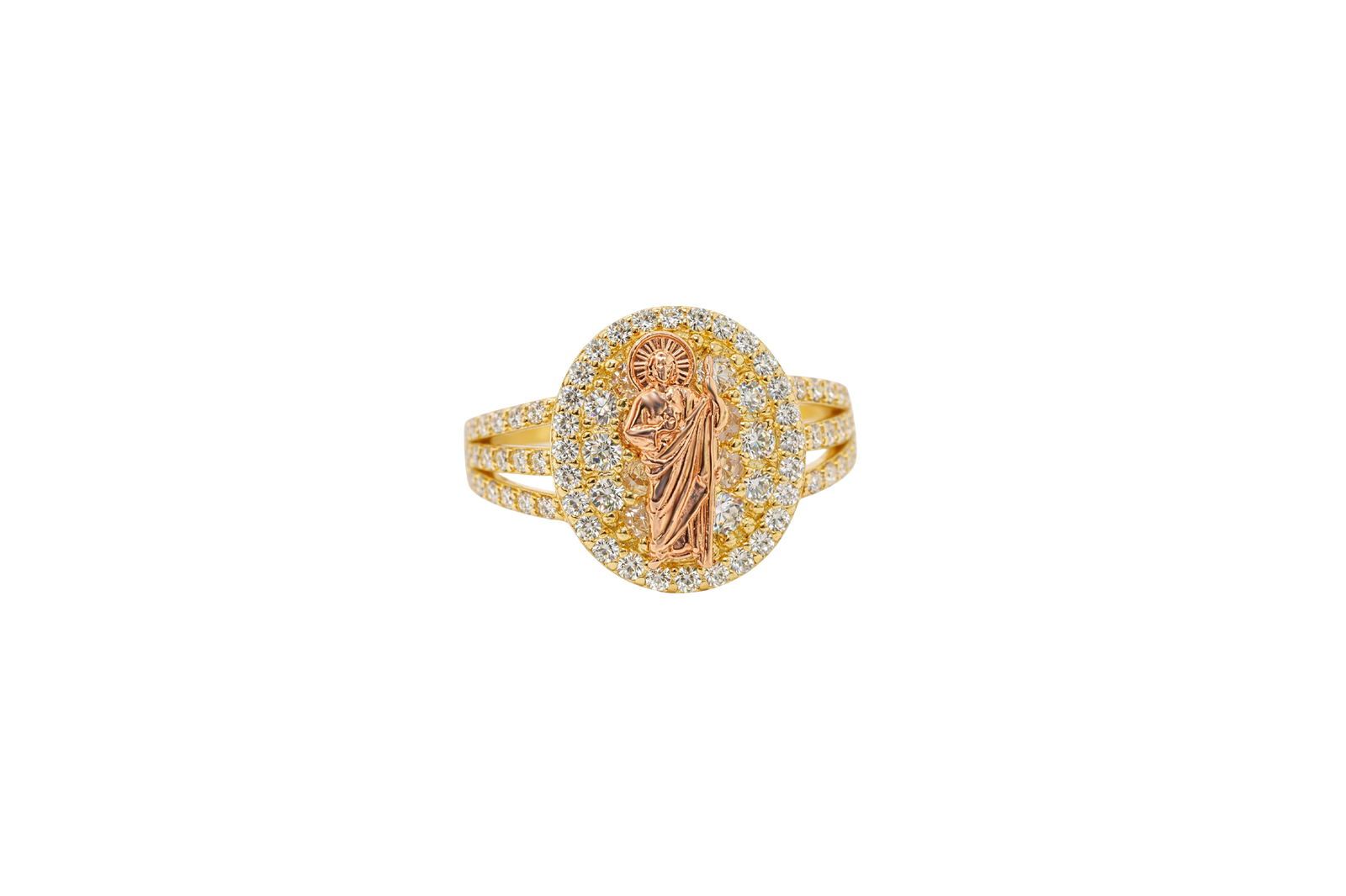 14KT Gold Ring Women's Oval Two Tone St Jude White CZ Stones Background Border Double Split CZ Band
