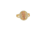 14KT Gold Ring Women's Oval Two Tone St Jude White CZ Stones Background Border Double Split CZ Band