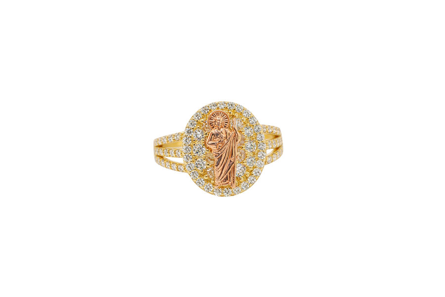 14KT Gold Ring Women's Oval Two Tone St Jude White CZ Stones Background Border Double Split CZ Band