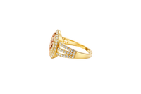 14KT Gold Ring Women's Oval Two Tone St Jude White CZ Stones Background Border Double Split CZ Band