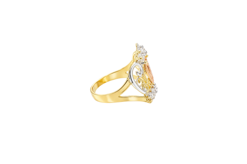 14KT Gold Ring Women's Oval Virgin Mary Tri Tone CZ White Stone Tiara with Plain Split Band