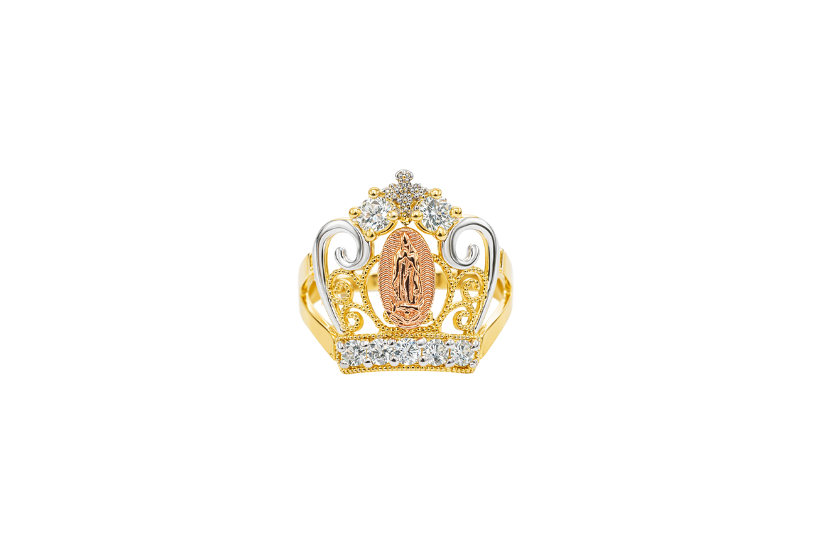 14KT Gold Ring Women's Oval Virgin Mary Tri Tone CZ White Stone Tiara with Plain Split Band