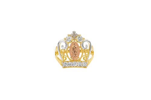14KT Gold Ring Women's Oval Virgin Mary Tri Tone CZ White Stone Tiara with Plain Split Band