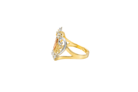 14KT Gold Ring Women's Oval Virgin Mary Tri Tone CZ White Stone Tiara with Plain Split Band
