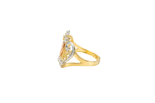14KT Gold Ring Women's Oval Virgin Mary Tri Tone CZ White Stone Tiara with Plain Split Band
