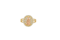 14KT Gold Ring Women's Two Tone Oval Coin Virgin Mary Coin White CZ Stones Background with White CZ Stones Double Split Band