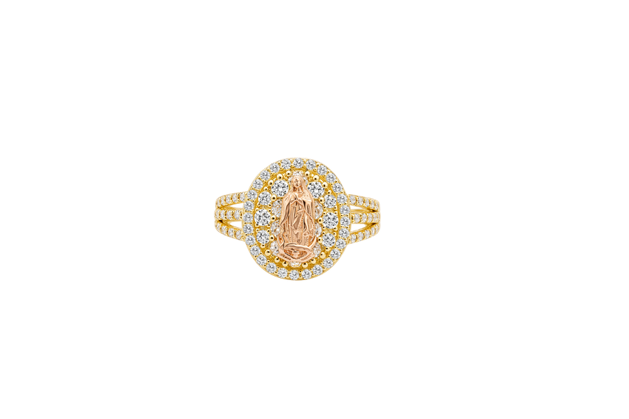 14KT Gold Ring Women's Two Tone Oval Coin Virgin Mary Coin White CZ Stones Background with White CZ Stones Double Split Band