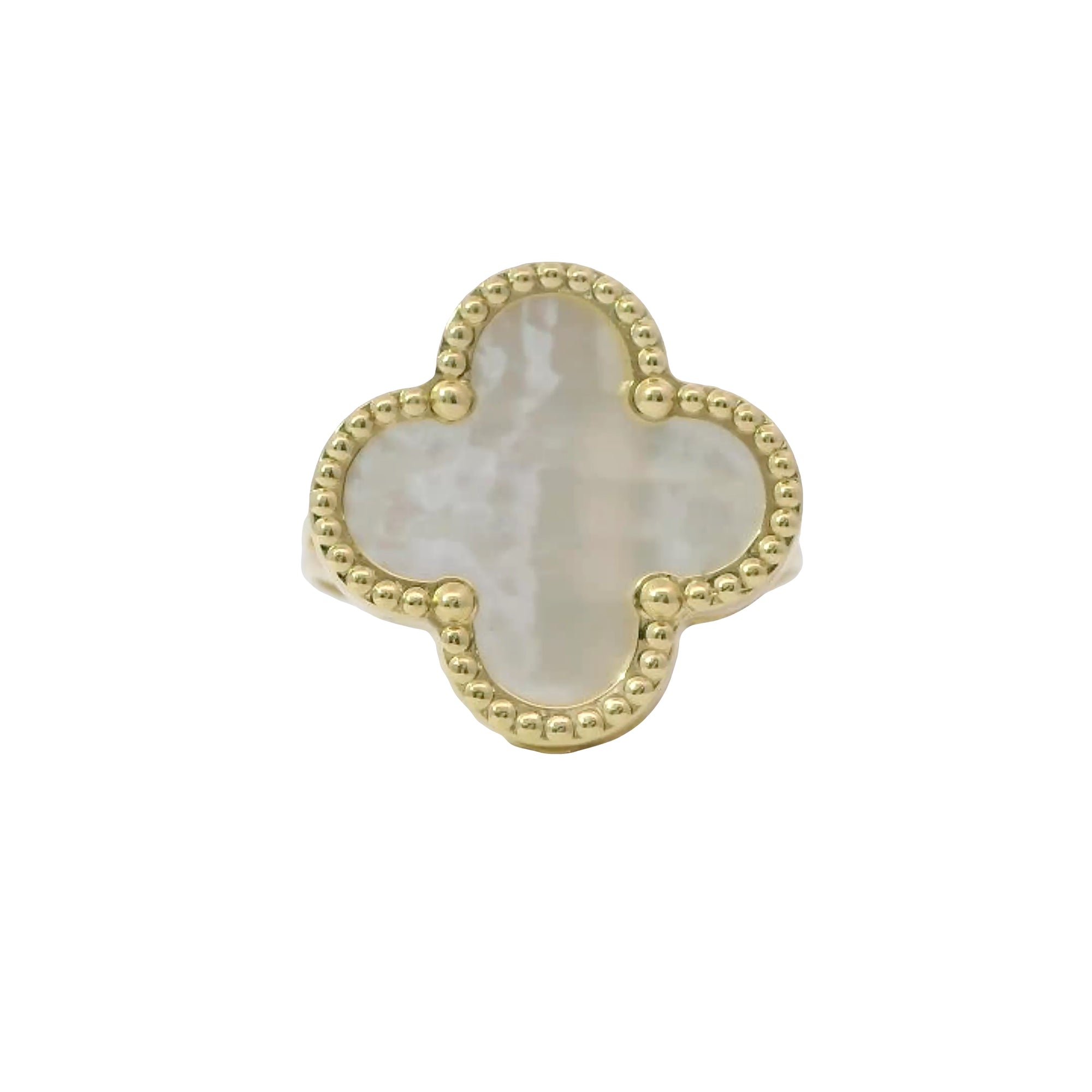 14KT Gold Ring Women's Jumbo Pearl Color Clover with Beaded Border and Plain Split Band