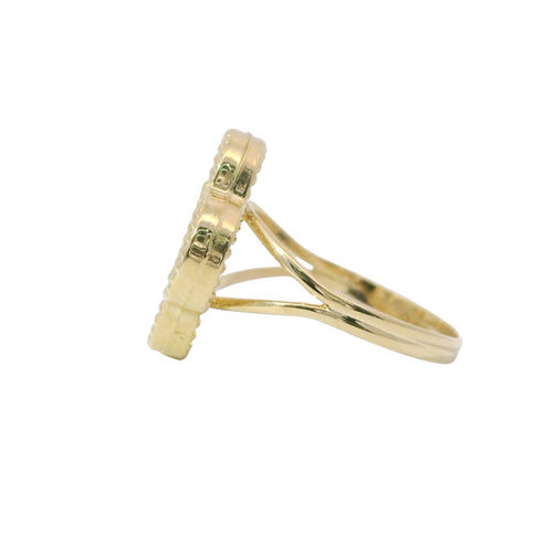 14KT Gold Ring Women's Jumbo Pearl Color Clover with Beaded Border and Plain Split Band