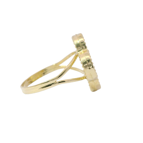 14KT Gold Ring Women's Jumbo Pearl Color Clover with Beaded Border and Plain Split Band