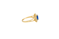 14KT Gold Ring Women's Pear Navy Blue CZ Center with Round Double White CZ Stones Border and Plain Split Band