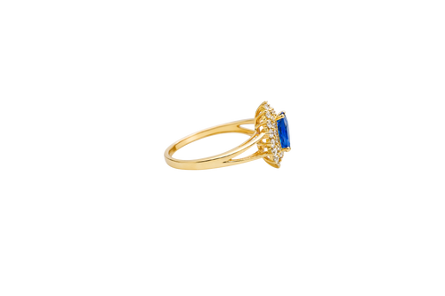14KT Gold Ring Women's Pear Navy Blue CZ Center with Round Double White CZ Stones Border and Plain Split Band