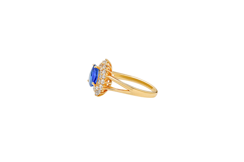 14KT Gold Ring Women's Pear Navy Blue CZ Center with Round Double White CZ Stones Border and Plain Split Band