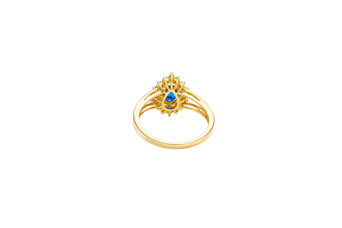14KT Gold Ring Women's Pear Navy Blue CZ Center with Round Double White CZ Stones Border and Plain Split Band