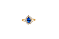 14KT Gold Ring Women's Pear Navy Blue CZ Center with Round Double White CZ Stones Border and Plain Split Band