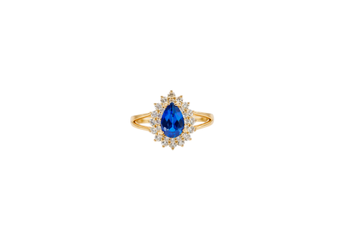 14KT Gold Ring Women's Pear Navy Blue CZ Center with Round Double White CZ Stones Border and Plain Split Band