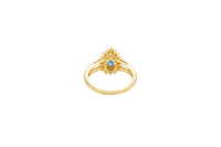 14KT Gold Ring Women's Pear Turquoise CZ Center with Round Double White CZ Stones Border and Plain Split Band