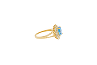 14KT Gold Ring Women's Pear Turquoise CZ Center with Round Double White CZ Stones Border and Plain Split Band